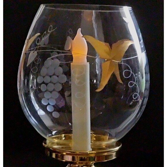 Partylite Calypso/Tuscany Gold Leaf Etched Grapes 11" Hurricane Lamp LED Pillar - Picture 5 of 10